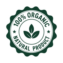 100% Organic Natural Product Green Label Seal Badge Vector Icon.