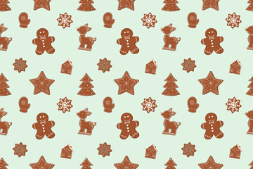 Seamless gingerbread cookie pattern on light green. Flat design with tree, snowflake, mitten, man, house, reindeer, star. Christmas vector illustration for package, banners, cards