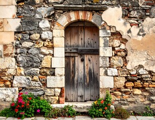 Rustic Charm - An Old Wooden Door in a Stone Wall.