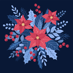 Winter decor with poinsettia, holly, mistletoe, fir tree branches and red berry.