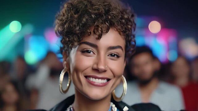 Woman smiling with arms raised at concert event