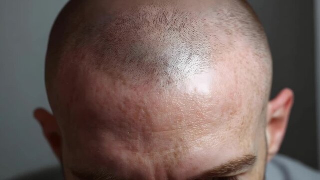 Close-up of a shaved head with a shiny scalp and patchy hair growth.