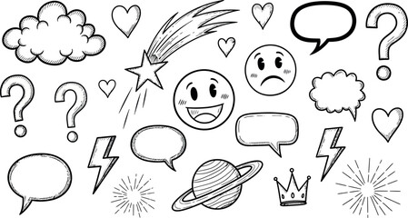 Hand-drawn doodle elements cosmic cloud starbursts emojis question marks speech bubbles lightning bolt planet