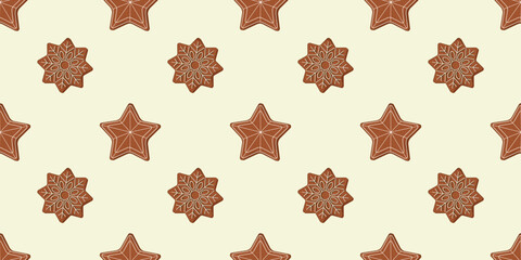 Seamless gingerbread snowflakes and stars pattern. Flat design of Christmas cookies on light yellow background, repeating texture. Winter vector illustration for package, textile, banners