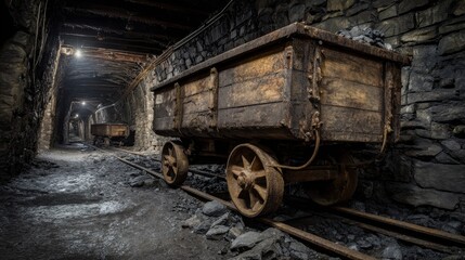 Old wooden mine cart on railway tracks inside a dark stone tunnel