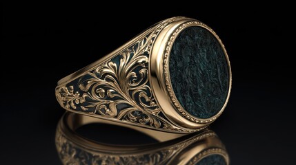 Ornate gold signet ring with dark oval stone on black background
