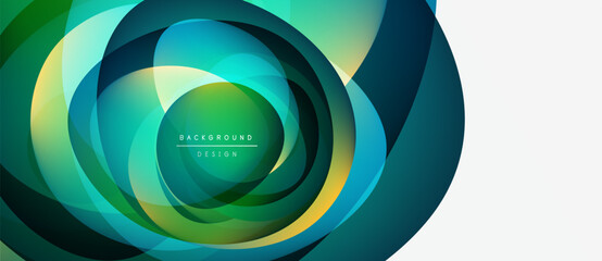 Abstract swirling layers, vibrant greens, blues, yellows. Modern design element, clean white space present. Smooth gradients create depth.