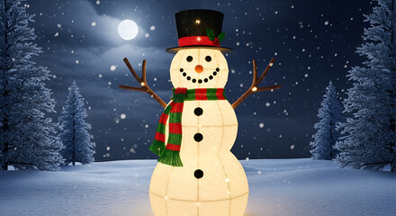 Smiling snowman with red-green scarf and black hat under moonlight, surrounded by falling snow in a winter night scene.