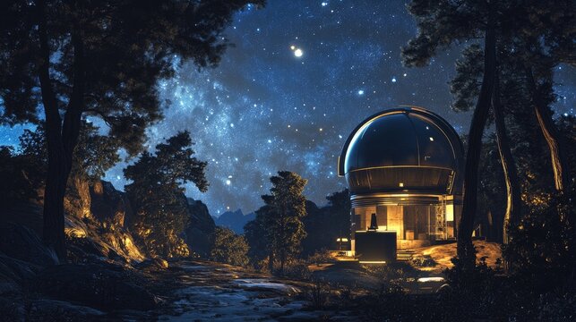 Observatory under a starry night sky surrounded by trees - Powered by Adobe