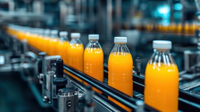 Orange juice bottles on a conveyor belt in a factory production line