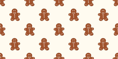 Seamless gingerbread men pattern on light beige. Flat design of Christmas cookie people repeating background, holiday decoration. Winter vector illustration for package, textile, cards