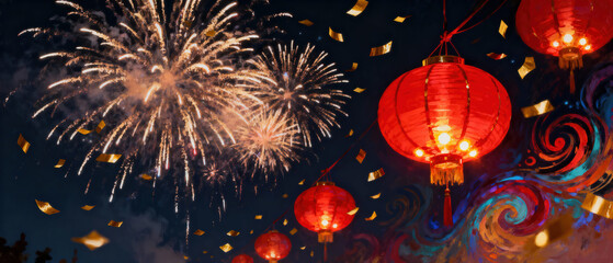 Festive new year celebration with red lantern, golden confetti and firework. joyous lunar event glowing in night sky