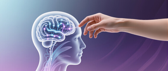 Artificial intelligence concept shows hand touching human silhouette. glowing neural network in brain and mind