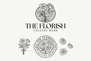 Rose flower elegant logo in minimal line art style for beauty care, spa, salon, cosmetic. Beauty rose botanical badge with retro circular badge design for skincare, florist, wedding, boutique