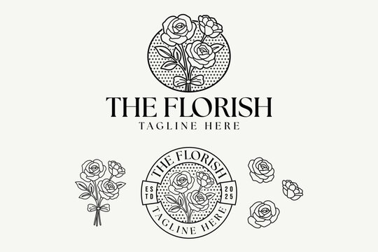 Rose flower elegant logo in minimal line art style for beauty care, spa, salon, cosmetic. Beauty rose botanical badge with retro circular badge design for skincare, florist, wedding, boutique