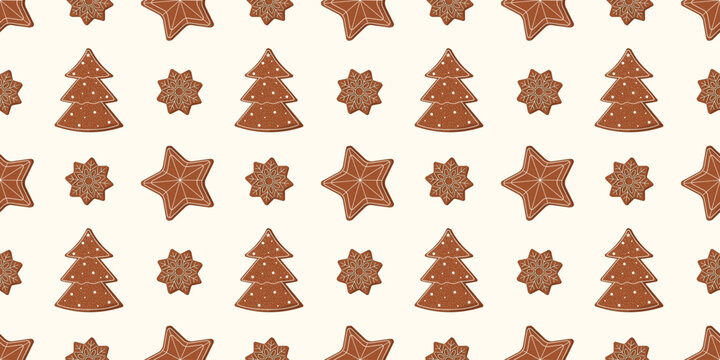 Seamless Christmas symbols pattern on beige. Flat design with gingerbread trees, snowflakes and stars repeating background. Winter vector illustration for cards, posters, social media