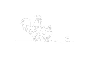 Set of Chickens – Continuous One Line Drawing of Rooster, Hen, Chick, and Egg – Minimalist Farm Animal Vector Illustration