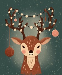 Christmas postcard with a cute deer: glowing garland and ornaments on antlers. Hand drawn illustration