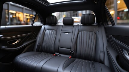 Luxury car interior with black leather seats and sunroof