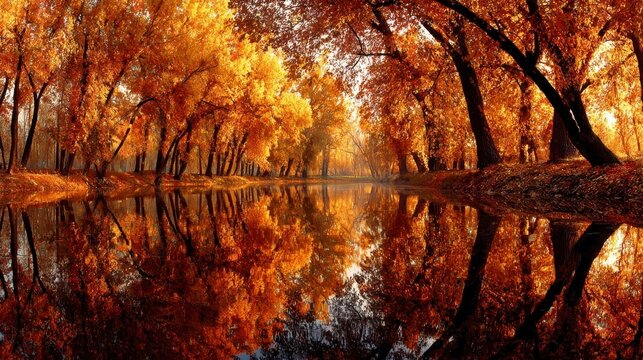 Autumn forest fire on the water reflecting the colorful yellow and red foliage of nature's beauty in the fall season landscape