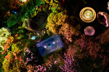 Obraz premium Colorful tarot cards lie on lush moss, surrounded by various crystals and candles in a tranquil forest. scene glows softly as dusk falls, creating a magical atmosphere