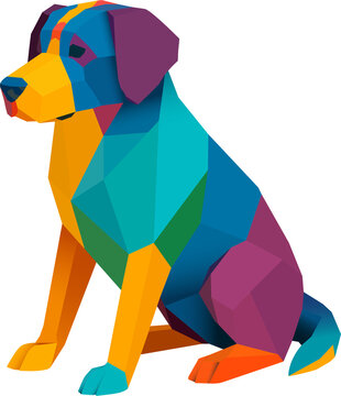 Stabyhoun Dog, Vibrant low-poly illustration of a small dog sitting, created with geometric shapes in orange, teal, and yellow tones. Ideal for modern art, posters, prints, or pet-themed designs.