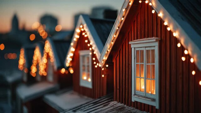 Warm holiday lights illuminate charming cabins as twilight settles over the bustling city