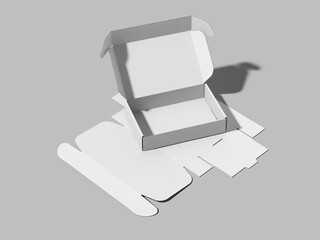 Blank White Die-Cut Corrugated Mailing Box Mockup 3D Render Open and Flat on Gray Background