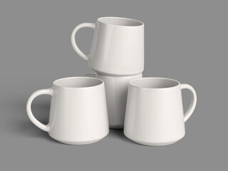 Blank White Ceramic Coffee Tea Mug Mockups 3D Render Grouped Stacked on Neutral Gray Background