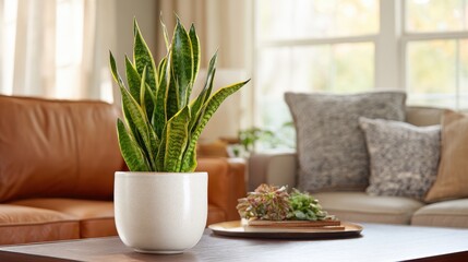 Fototapeta premium A High Resolution image of snake plant in a white pot on a coffee table in a living room.