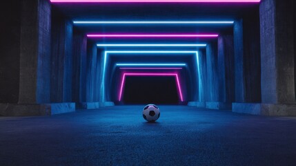 Fototapeta premium A High Resolution image of soccer ball in a futuristic tunnel with neon lights.