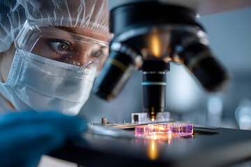 Scientist using microscope in laboratory for biological research.