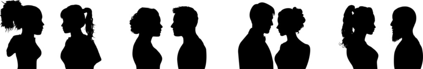 Vektor Silhouetten Set - Menschen Köpfe im Profil - Paare - Dating - Kommunikation - Gespräch