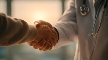 Doctor and patient shaking hands in hospital office.