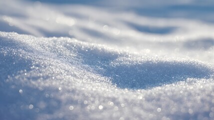 Close-up of fresh white snow texture under sunlight.
