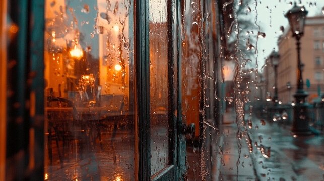 Rainy urban street view through a wet window with warm indoor reflections creating a cozy atmosphere