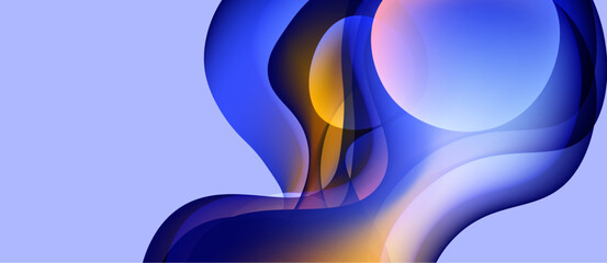 Abstract fluid shapes blend, creating vibrant blue, gold tones. Soft gradients suggest movement, depth. Minimalist design, modern aesthetic.