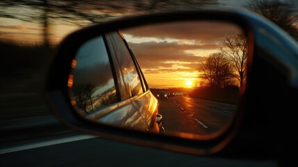 A High Resolution image of sunset reflected in a cars side mirror while driving on the road.