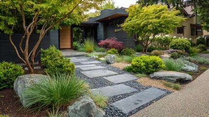 Obraz premium Modern home entrance with a beautifully landscaped garden and pathway