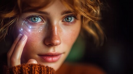 Stunning woman with futuristic glowing eye technology, exploring the intersection of human and digital innovation with a captivating gaze.