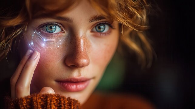 Stunning woman with futuristic glowing eye technology, exploring the intersection of human and digital innovation with a captivating gaze.