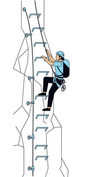 Man climbing a steep rock face using a via ferrata ladder.