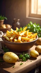 Rustic French Fries Still Life with Potatoes and Herbs.