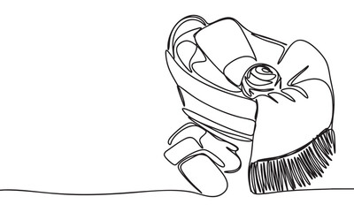 Continuous line drawing of a cozy winter scarf and hat