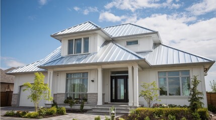 Modern white house with metal roof and manicured landscaping