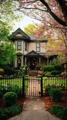 Obraz premium A High Resolution image of victorian house with a white picket fence and blooming trees.