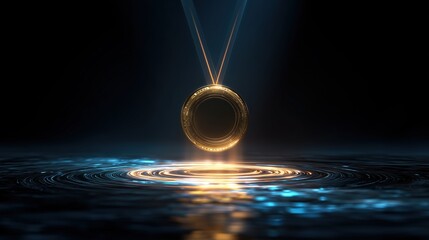 A glowing golden orb suspended above a dark, reflective surface, creating ripples in the water below. The scene conveys a sense of mystery and tranquility.