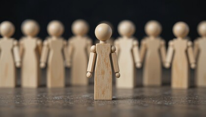 Minimalist wooden people figures, concept of loneliness and lack of communication, sad dark pawn standing alone with group nearby