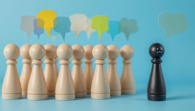 Group of light wooden pawns standing together with chat bubbles above them, one darker wooden pawn with sad face standing alone, bullying and isolation concept, blue background