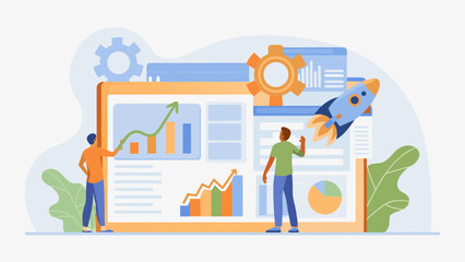Business professionals analyzing growth charts and a rocket launching symbolizing successful startup and business development strategies